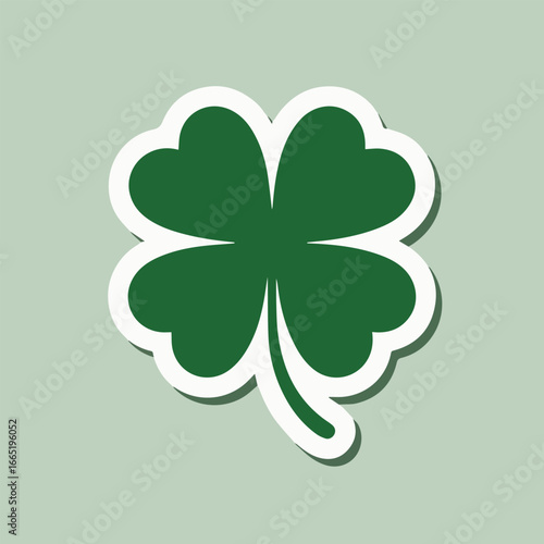A vibrant green fourleaf clover sticker with a white outline on a light green background, ideal for st patricks day designs