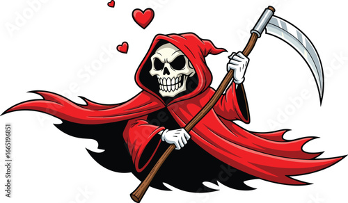 Cartoon Vector Illustration of Grim Reaper in Red Cloak Holding Scythe with Floating Hearts in Playful Pose on White Background