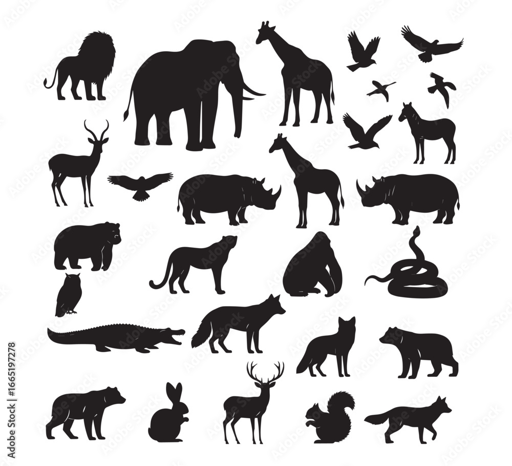 Naklejka premium A vector collection of wild and farm animal silhouettes including dogs, horses, elephants, lions, and giraffes