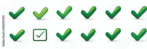 Checkmarks in green color variation represent confirmed positive result and approval status on white background for design and visual communication