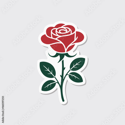 A beautiful red rose sticker with green leaves, symbolizing love, romance, and beauty, perfect for valentines day, weddings, or any occasion to express affection and appreciation