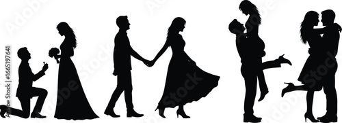 PrinBlack silhouette romantic couple vector set featuring proposal, walking together, wedding embrace, dancing, affectionate lift, perfect for love, marriage themest