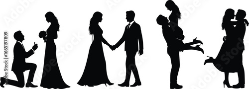 PrintBlack silhouette romantic couple vector set featuring proposal, wedding pose, formal handholding, affectionate lift, loving embrace, perfect for love, marriage themes