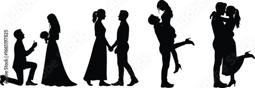 PrintBlack silhouette romantic couple scenes vector set showing proposal, wedding, love embrace, affectionate lift, perfect for romance, marriage, Valentine’s themes