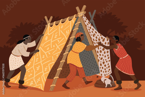 Tribe building shelter with animal skins.