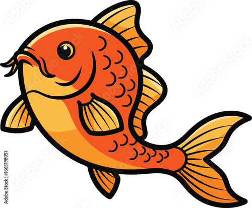 Cartoon Vector Illustration of Koi Fish with Orange and Yellow Scales, Flowing Fins, and Curved Tail on White Background