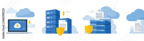 Cloud Computing Security and Data Storage Solutions with Servers and Laptop Illustration for Technology Concepts