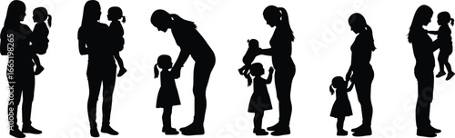 PrintBlack silhouette sequence of adult and child interactions, caregiving roles, family bond, nurturing love, parenting moments, emotional connection, vector illustration design