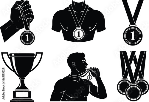 Collection of silhouette sports championship trophies medals and athletes celebrating victory and achievement