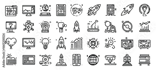 Collection of black and white thin line vector icons representing business startup strategy and innovation concepts