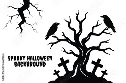 Spooky Halloween night scene with dead trees, ravens, and tombstones for a scary celebration