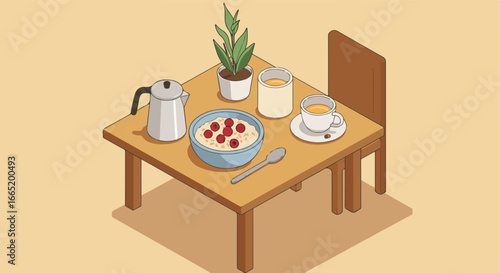 Isometric breakfast of coffee, oats, and juice by a chair with soft shadows