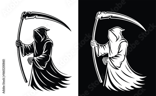 Striking grim reaper design in black and white for Halloween or dark fantasy concepts, perfect for t-shirts