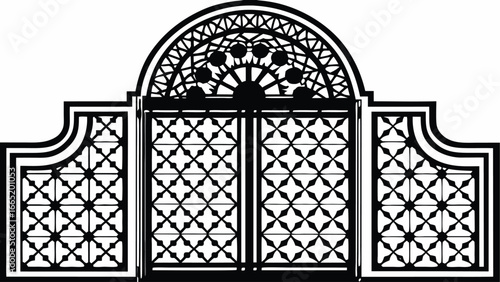 Intricate black and white gate design with geometric patterns and arched top section illustration |  editable eps vectors silhouette