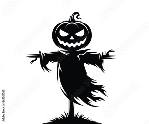 Spooky scarecrow with pumpkin head silhouette for Halloween designs and eerie autumn projects, ready to haunt!