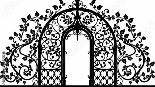 An ornate wrought iron gate with floral and leaf designs in a symmetrical archway pattern is shown here |  editable eps vectors silhouette