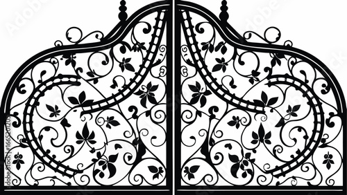 Intricate wrought iron gate design featuring floral and scrollwork elements in a symmetrical pattern |  editable eps vectors silhouette