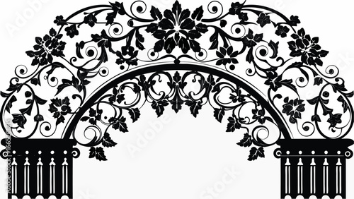Floral archway design with decorative columns and intricate floral patterns in black and white style |  editable eps vectors silhouette