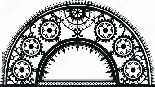 Elaborate black and white decorative archway with gears and floral elements in intricate design style |  editable eps vectors silhouette
