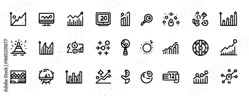 Collection of business and data analysis icons representing strategy success and growth concepts with modern minimalist design