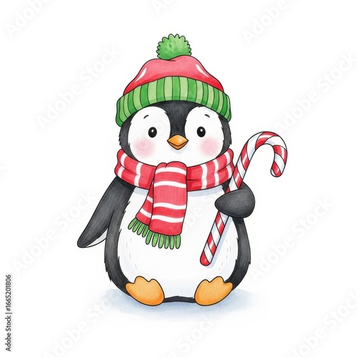 Penguin holding candy cane in winter hat and scarf isolated on white background  