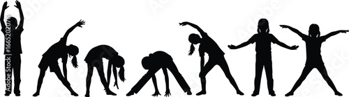 PrintBlack silhouette vector illustration of seven people performing stretching and warm‑up exercises for fitness, workout, health, sport, gym, and physical education