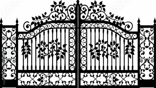 Detailed wrought iron gate with floral and scroll designs in black and white illustration style image |  editable eps vectors silhouette