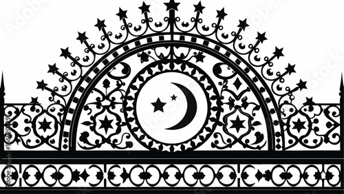 Decorative islamic gate design with stars moon and intricate ironwork pattern in black and white color scheme |  editable eps vectors silhouette