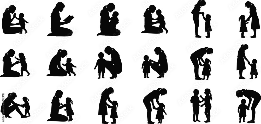 Naklejka premium PrintBlack silhouette vector set of adult woman caring for child in various parenting, teaching, nurturing, and playful family activity poses