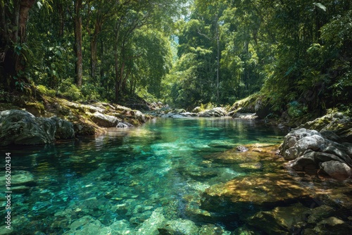 Tropical river flowing through lush rainforest
