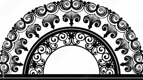 Decorative semicircle design with ornate swirls and floral elements in black and white vector illustration |  editable eps vectors silhouette