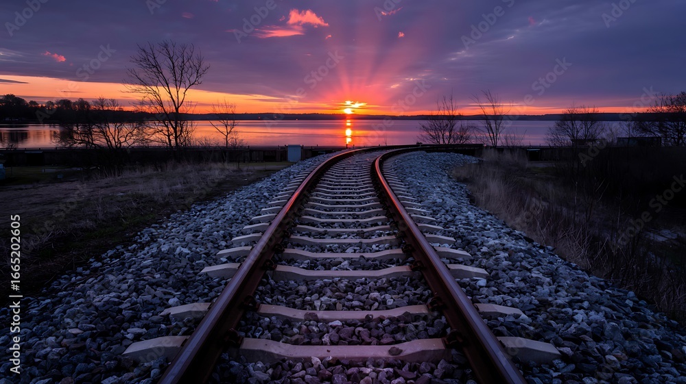 Fototapeta premium Dramatic sunset over tranquil lake with converging railway tracks leading towards the horizon and vibrant sky