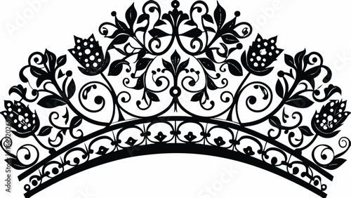 Floral tiara design with intricate foliage and decorative elements in black and white coloring style |  editable eps vectors silhouette