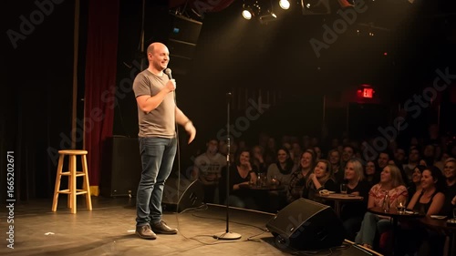 Comedian performs for a laughing audience in a dark theater with red exit signs