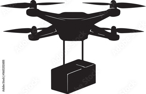 Black silhouette of a quadcopter drone carrying a package delivery cargo