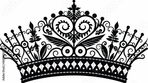 Intricate black and white crown design with floral and geometric elements on a white background image |  editable eps vectors silhouette