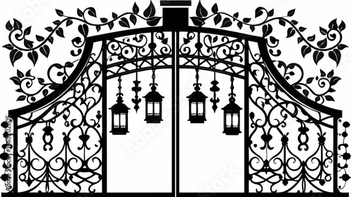 Ornate black wrought iron gate with hanging lanterns and vine details in a decorative design |  editable eps vectors silhouette