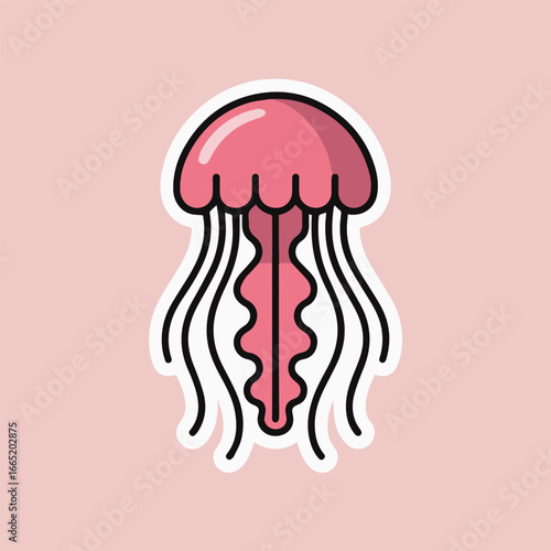 Cute pink jellyfish isolated on pink background, a charming marine animal illustration perfect for stickers, badges, and designs related to ocean life and underwater adventures