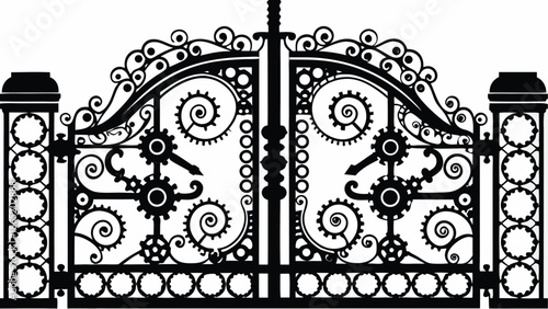 Detailed steampunk gate design with gears and ornate swirls in black and white illustration style |  editable eps vectors silhouette