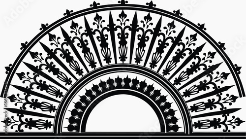 Ornate semicircle design with floral and spear elements in a symmetrical arrangement on white background |  editable eps vectors silhouette