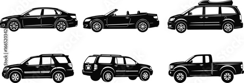 PrintBlack Silhouette Vector Set of Six Different Car Types Including Sedan SUV Pickup Convertible Minivan for Automotive Design and Transportation Concepts