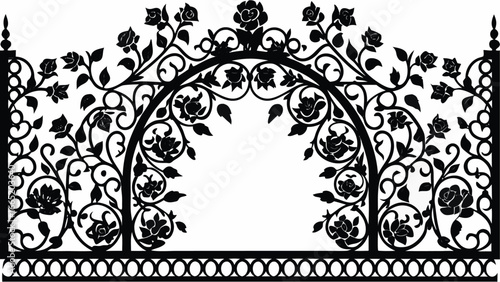 Black ornate wrought iron gate with roses and leaves forming an arched design with floral elements |  editable eps vectors silhouette