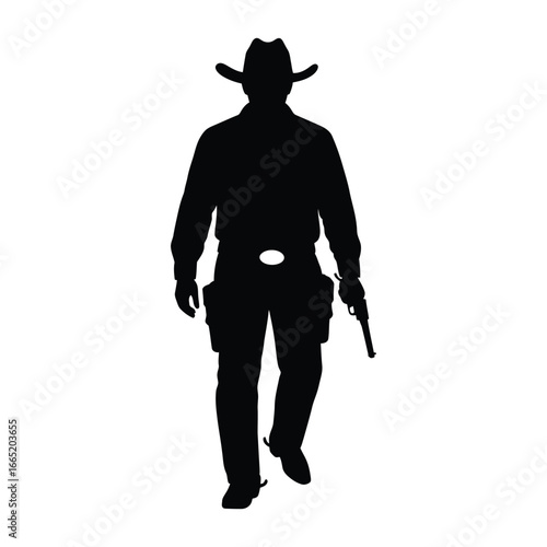 Iconic Silhouette of a Cowboy Walking with a Revolver in the Old West