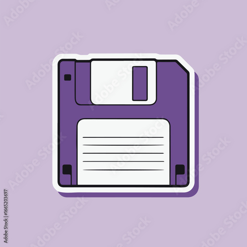 Purple floppy disk sticker design, a retro and vintage graphic illustration of old computer technology for data storage and memory