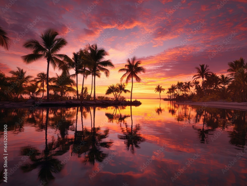 Obraz premium Tropical sunset reflecting in calm water, palm trees silhouette, peaceful lagoon