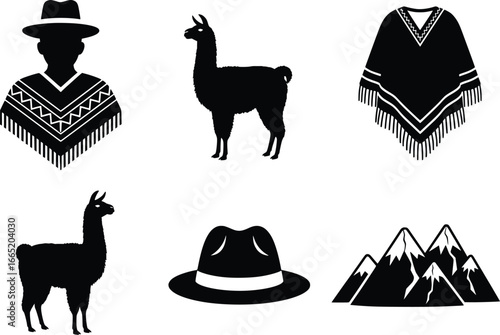 Andean culture symbols silhouette pack featuring llamas ponchos hats and mountains