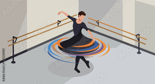 Dancer spins in studio with barre; motion lines suggest movement; use for articles