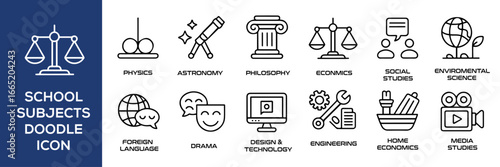 modern school subjects doodle icon set