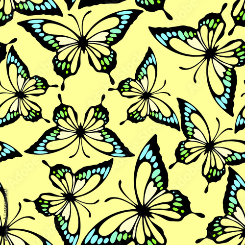 Wallpaper Mural seamless pattern of bright colored butterflies on a yellow background, texture, design Torontodigital.ca