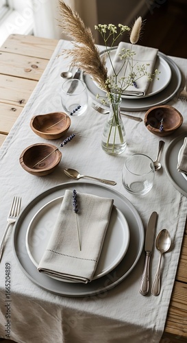 Rustic, Neutral-toned Table Setting with Pampas Grass.